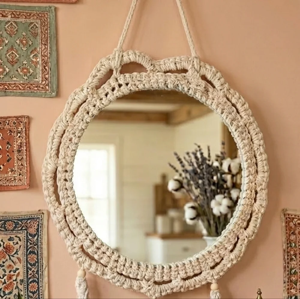 Handmade Macramé Round Wall Mirror - Cream